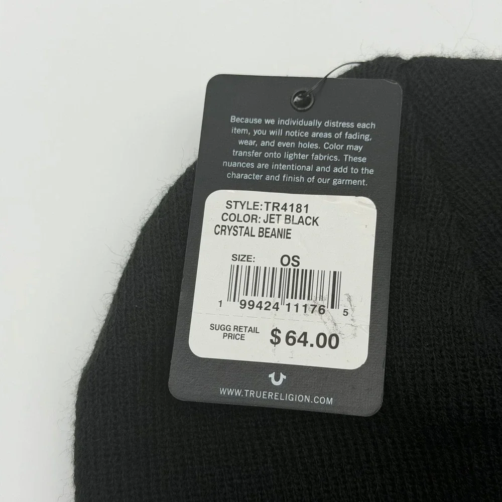 True Religion Crystal Horseshoe Beanie Black Ribbed Knit Acrylic OSFA